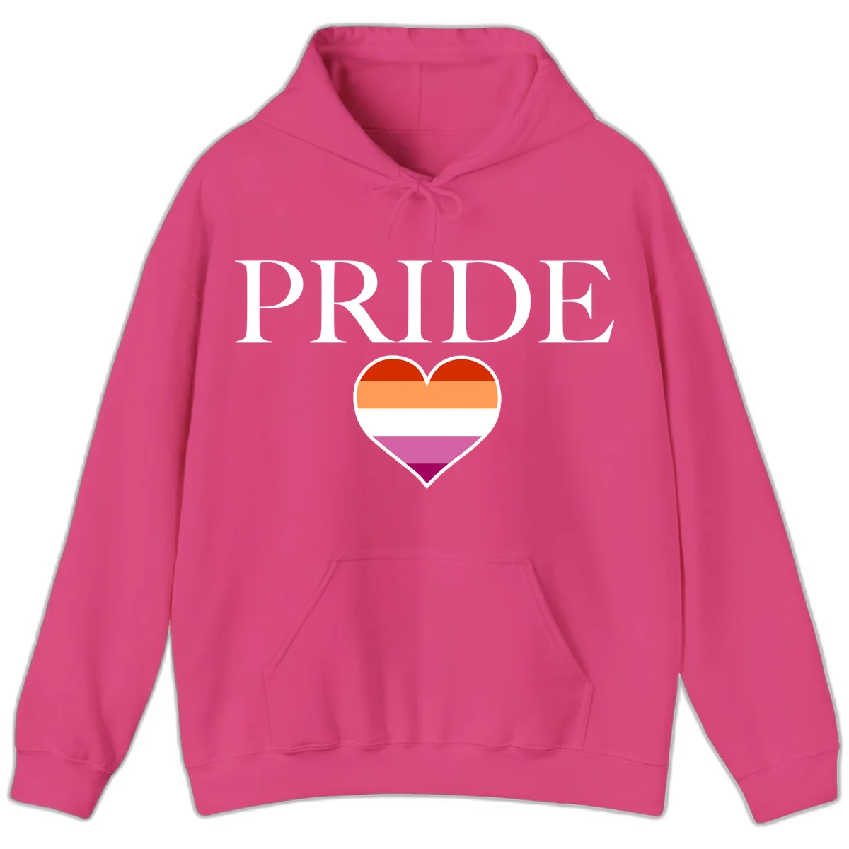 Pride flag heart design with red, orange, white, pink and magenta horizontal stripes and PRIDE text above in Heliconia