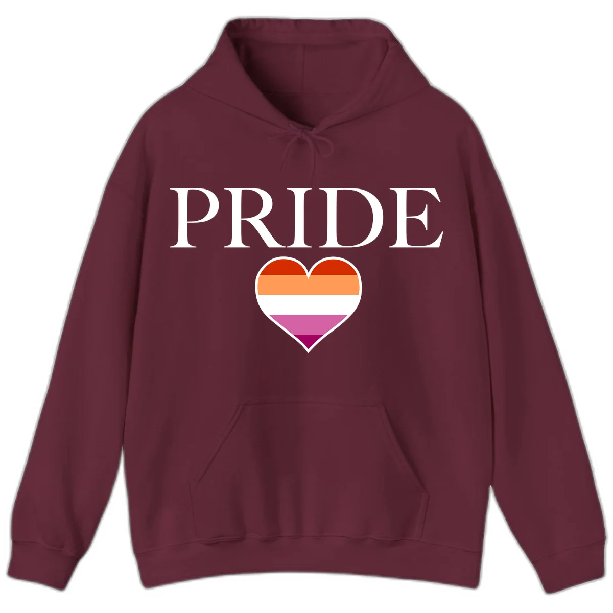Pride flag heart design with red, orange, white, pink and magenta horizontal stripes and PRIDE text above in Maroon