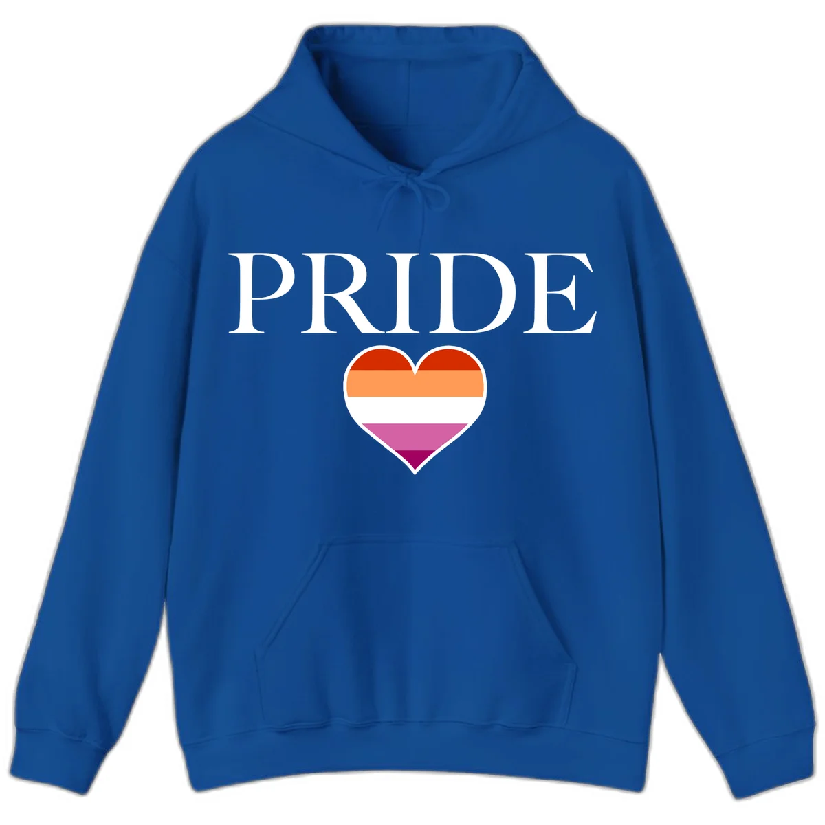Pride flag heart design with red, orange, white, pink and magenta horizontal stripes and PRIDE text above in Royal