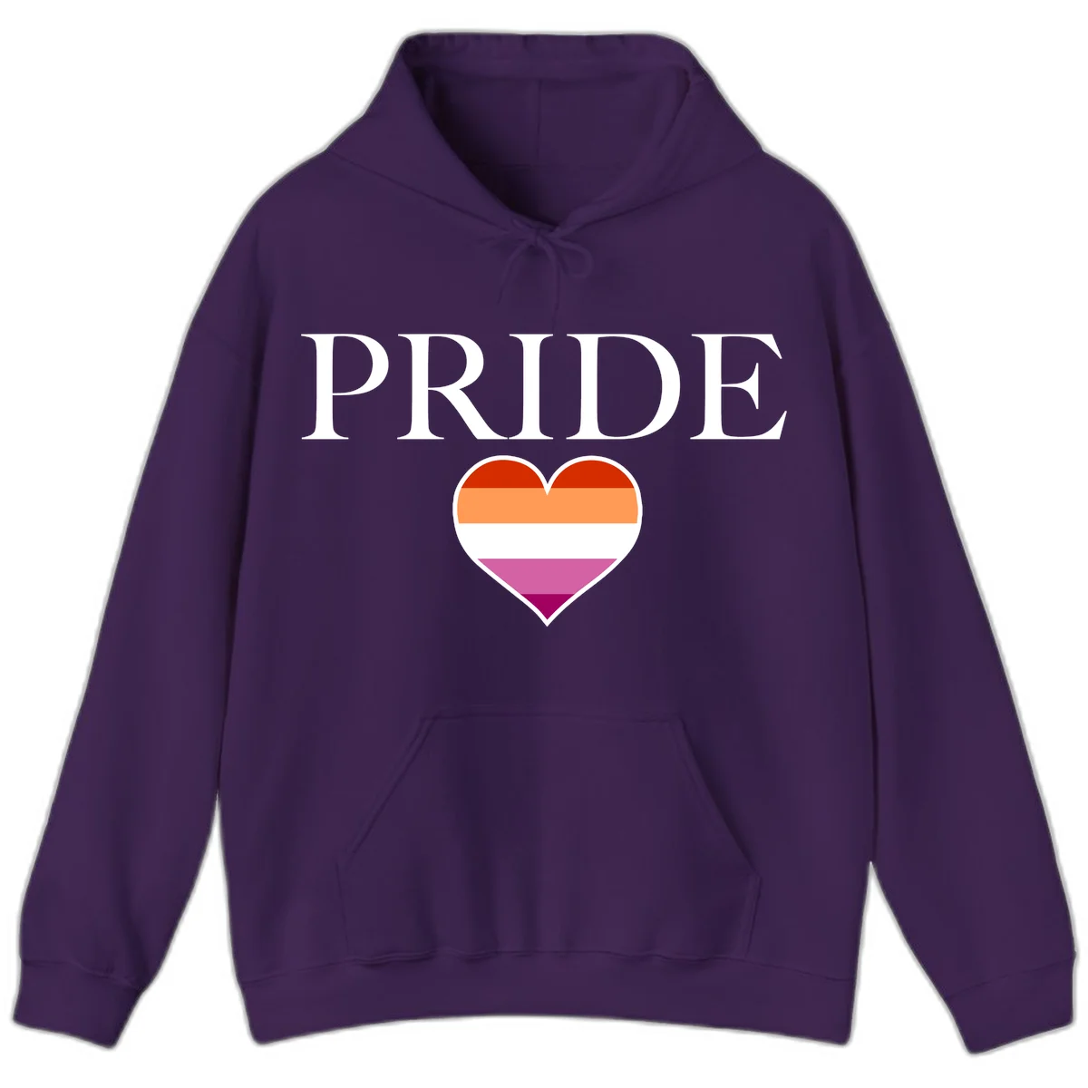 Pride flag heart design with red, orange, white, pink and magenta horizontal stripes and PRIDE text above in Purple