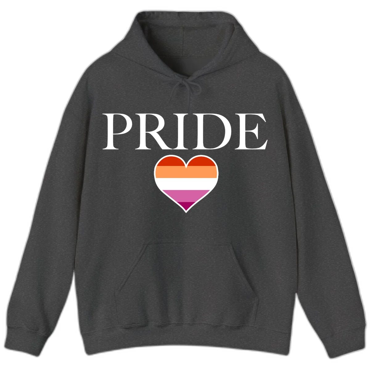 Pride flag heart design with red, orange, white, pink and magenta horizontal stripes and PRIDE text above in Dark Heather