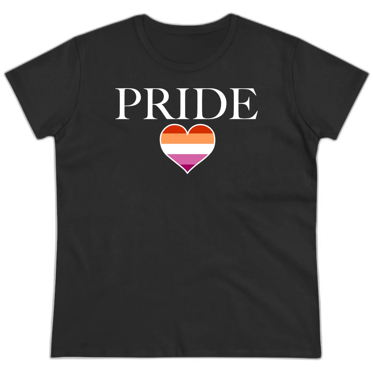Pride flag heart design with red, orange, white, pink and magenta horizontal stripes and PRIDE text above in Black