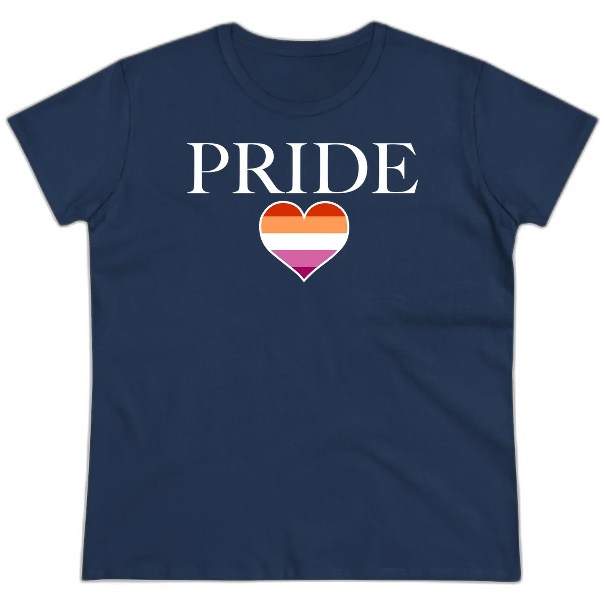 Pride flag heart design with red, orange, white, pink and magenta horizontal stripes and PRIDE text above in Navy