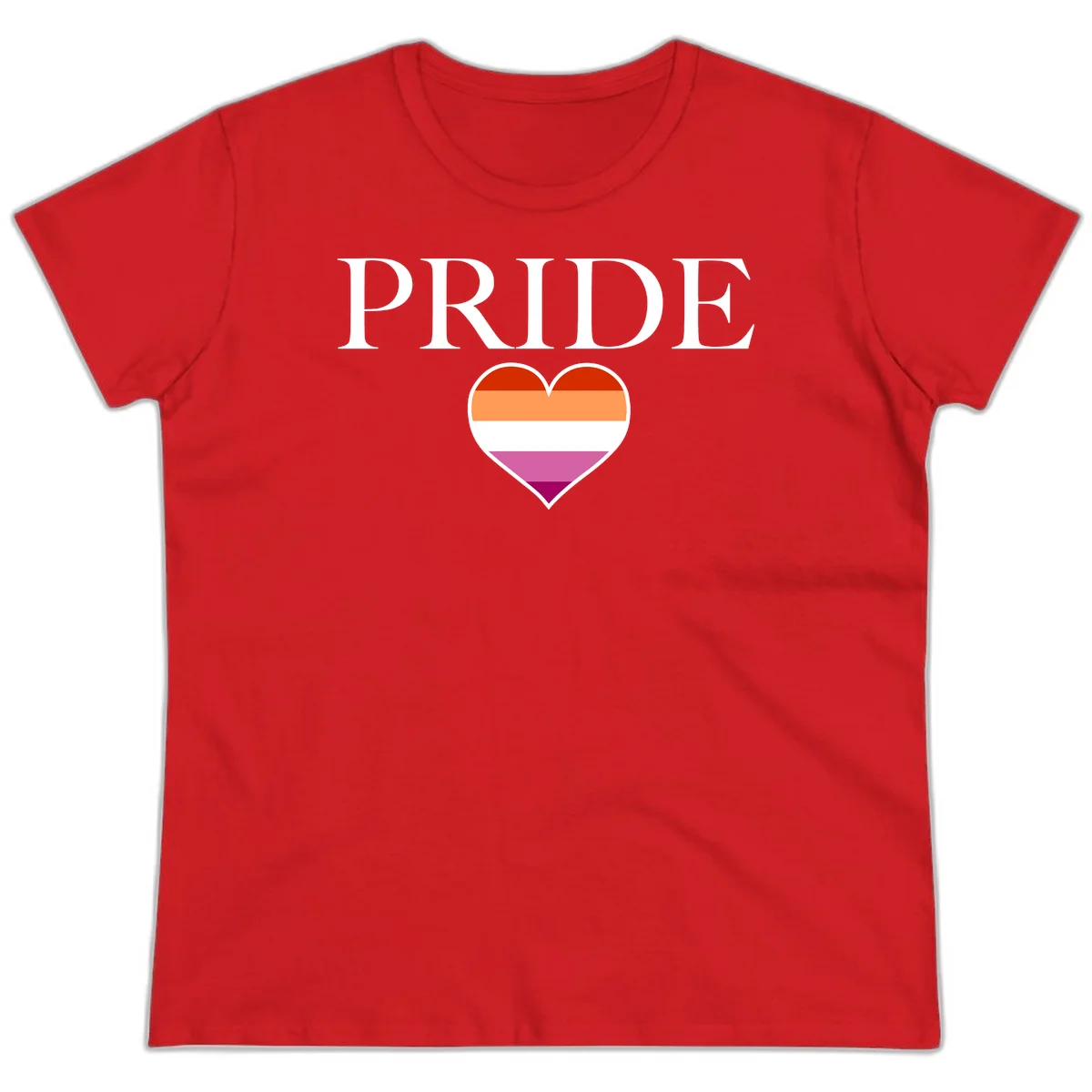 Pride flag heart design with red, orange, white, pink and magenta horizontal stripes and PRIDE text above in Red