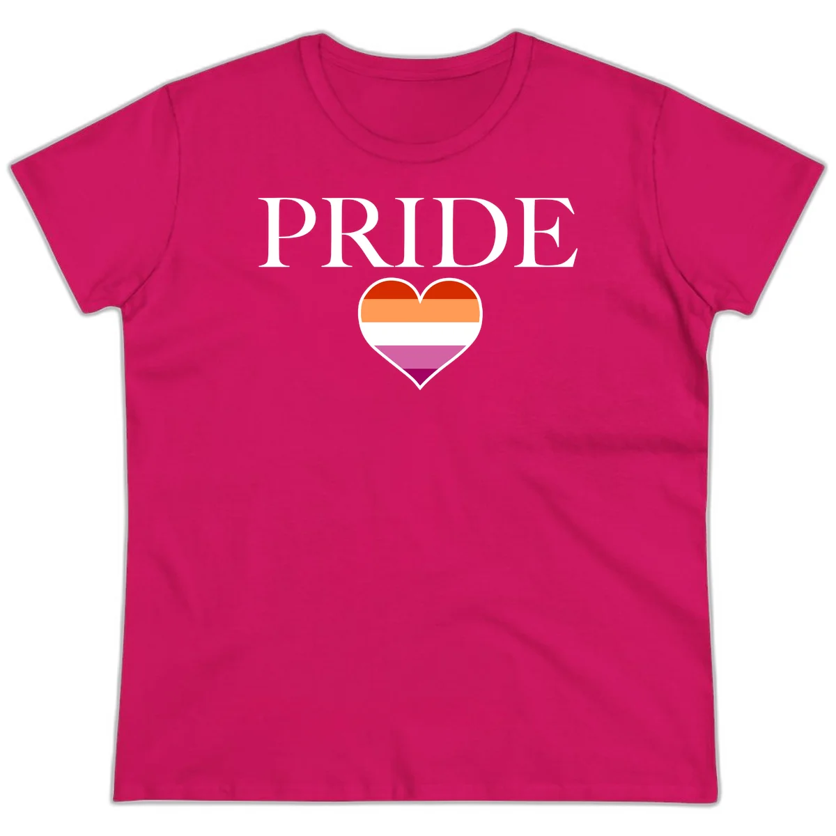 Pride flag heart design with red, orange, white, pink and magenta horizontal stripes and PRIDE text above in Heliconia