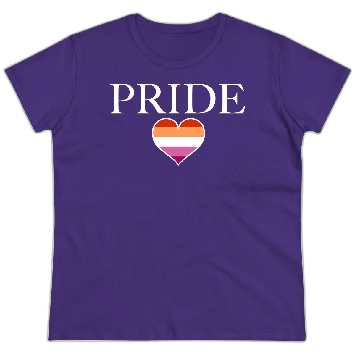 Pride flag heart design with red, orange, white, pink and magenta horizontal stripes and PRIDE text above in Purple