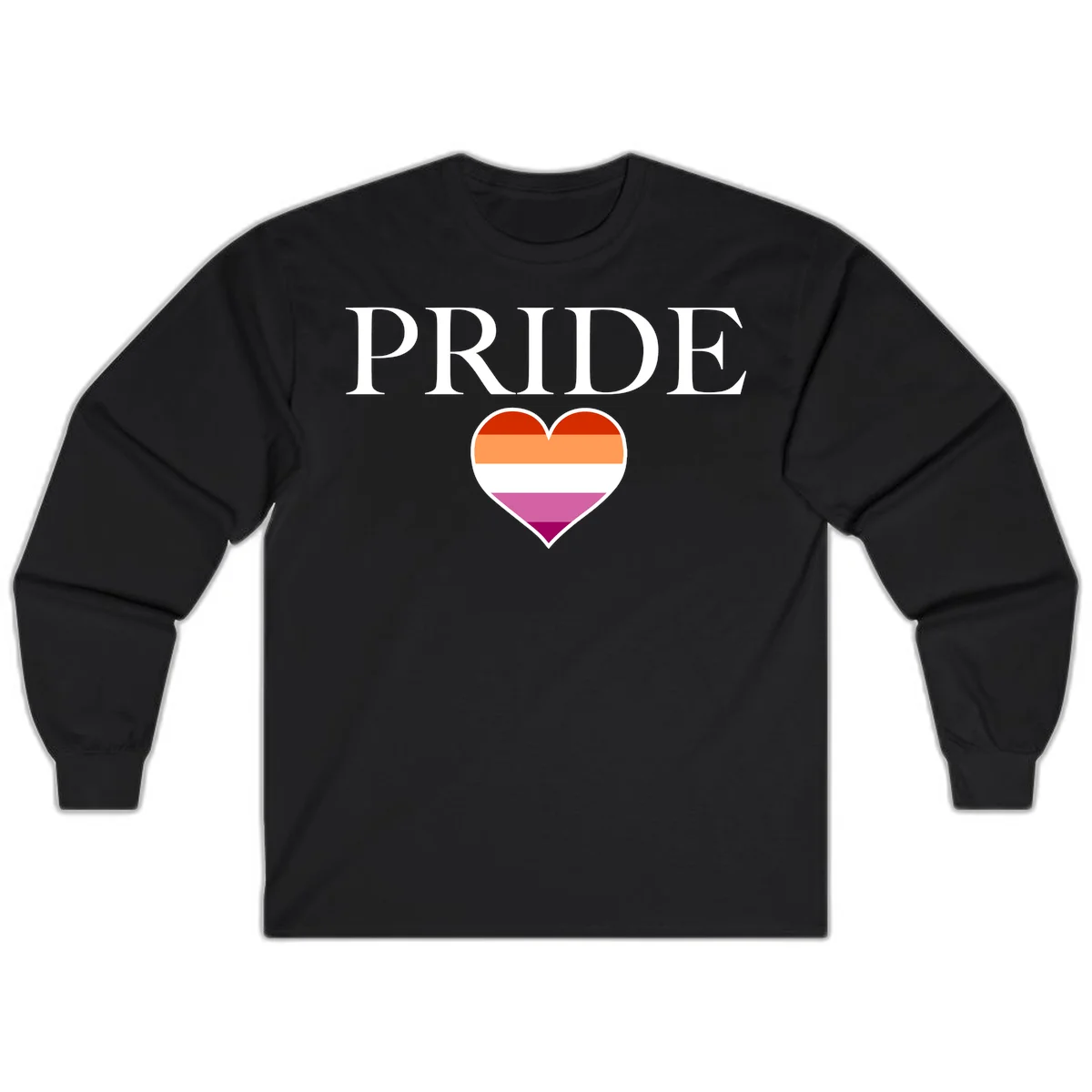 Pride flag heart design with red, orange, white, pink and magenta horizontal stripes and PRIDE text above in Black