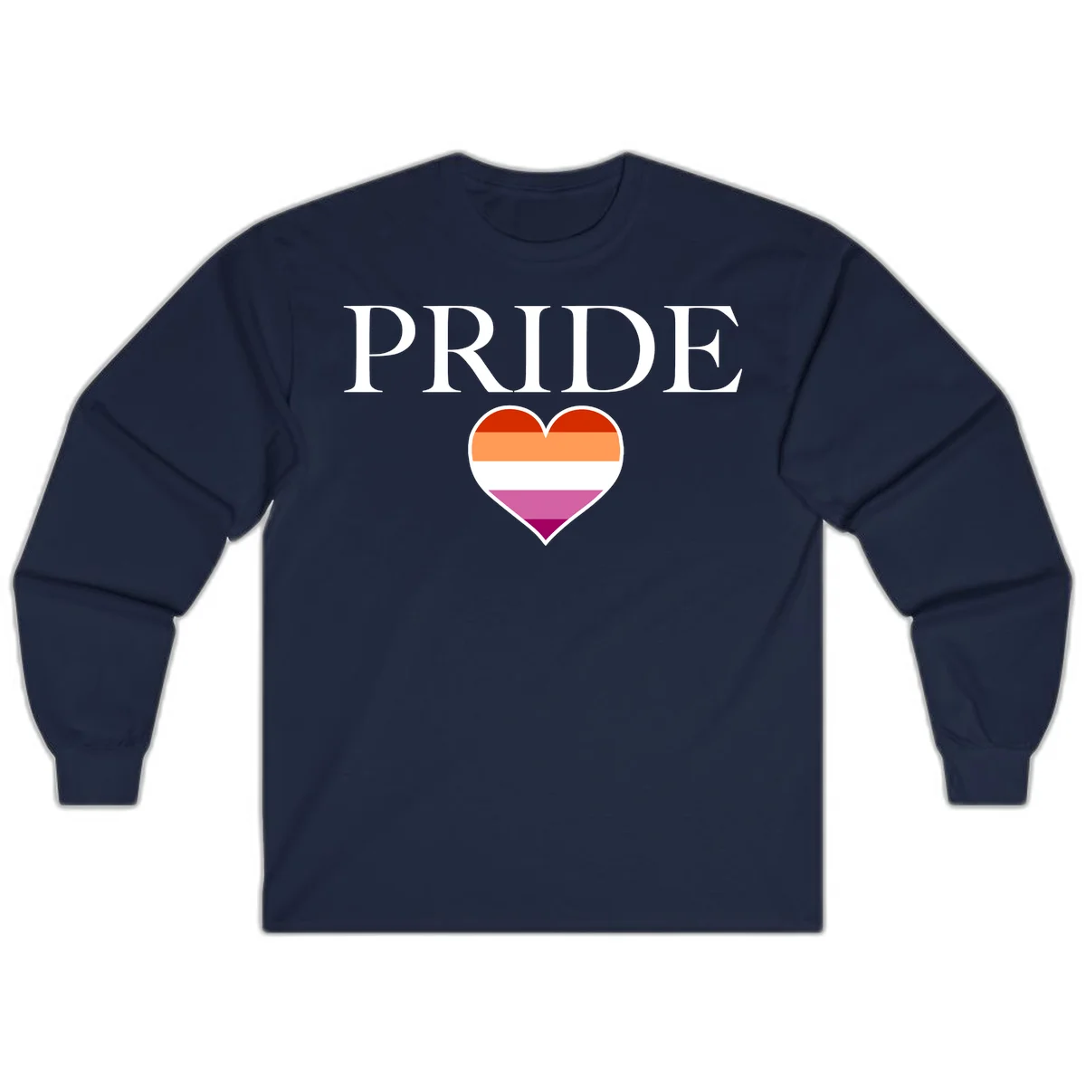 Pride flag heart design with red, orange, white, pink and magenta horizontal stripes and PRIDE text above in Navy