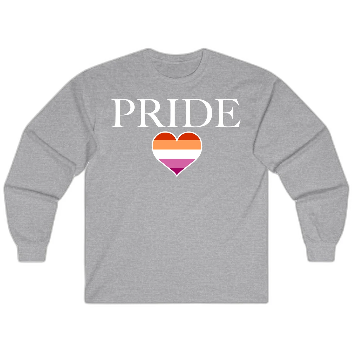 Pride flag heart design with red, orange, white, pink and magenta horizontal stripes and PRIDE text above in Sport Grey