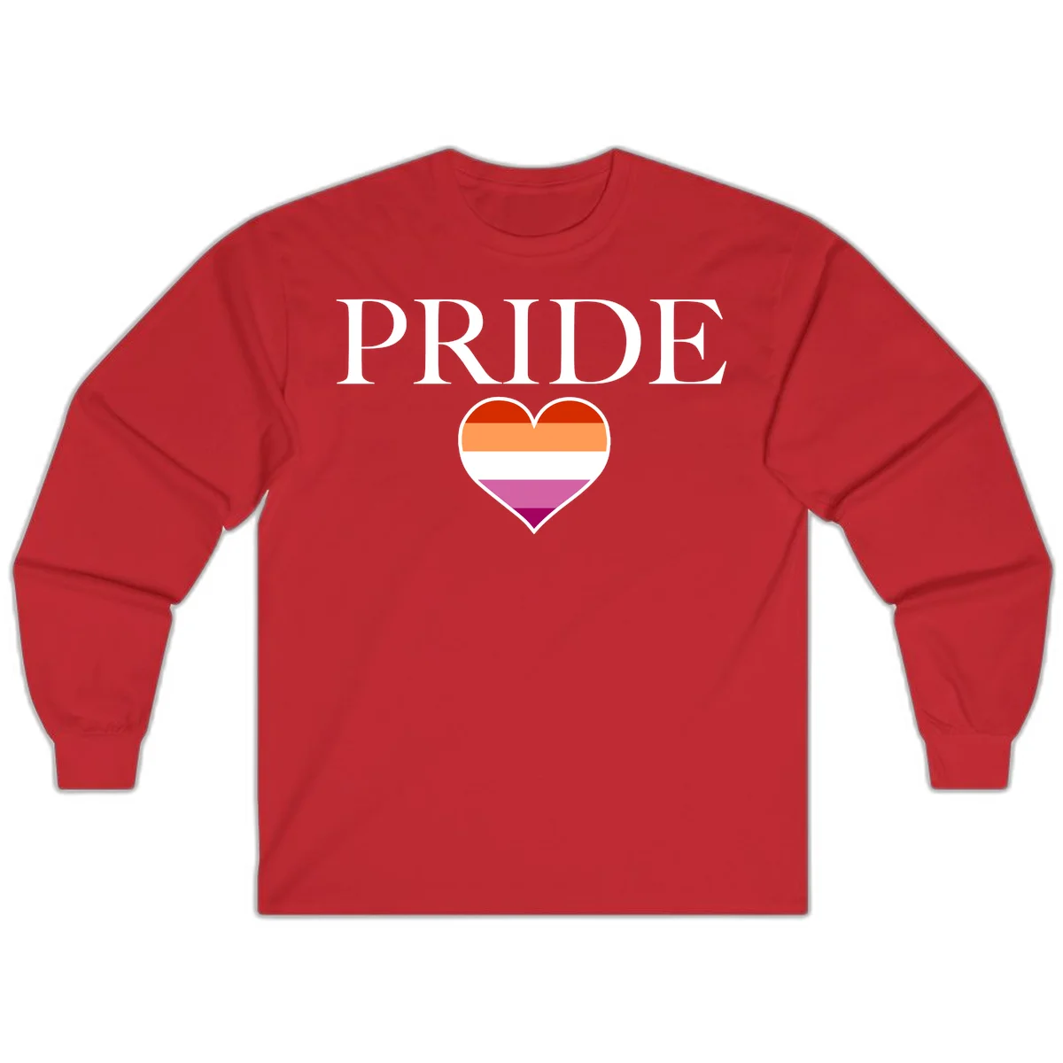 Pride flag heart design with red, orange, white, pink and magenta horizontal stripes and PRIDE text above in Red