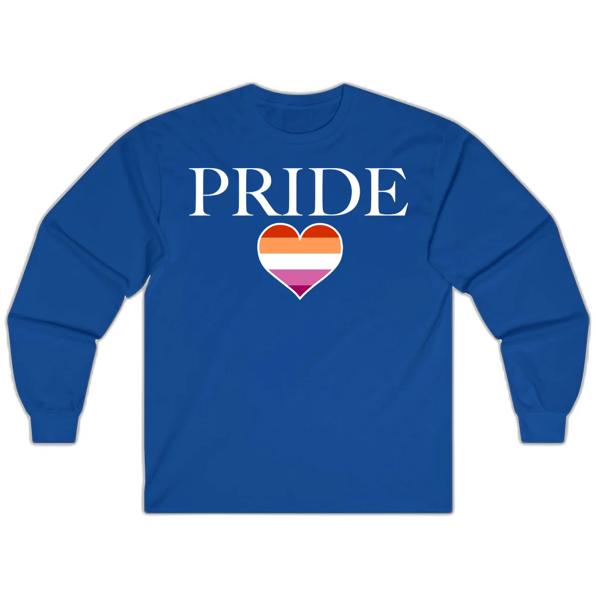 Pride flag heart design with red, orange, white, pink and magenta horizontal stripes and PRIDE text above in Royal