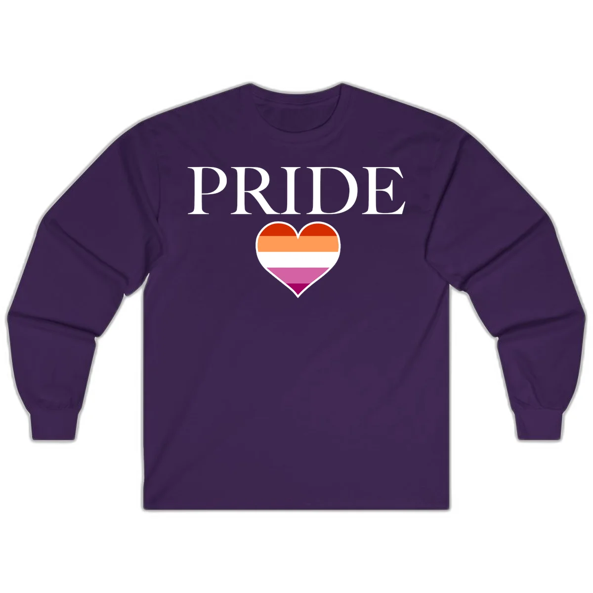 Pride flag heart design with red, orange, white, pink and magenta horizontal stripes and PRIDE text above in Purple