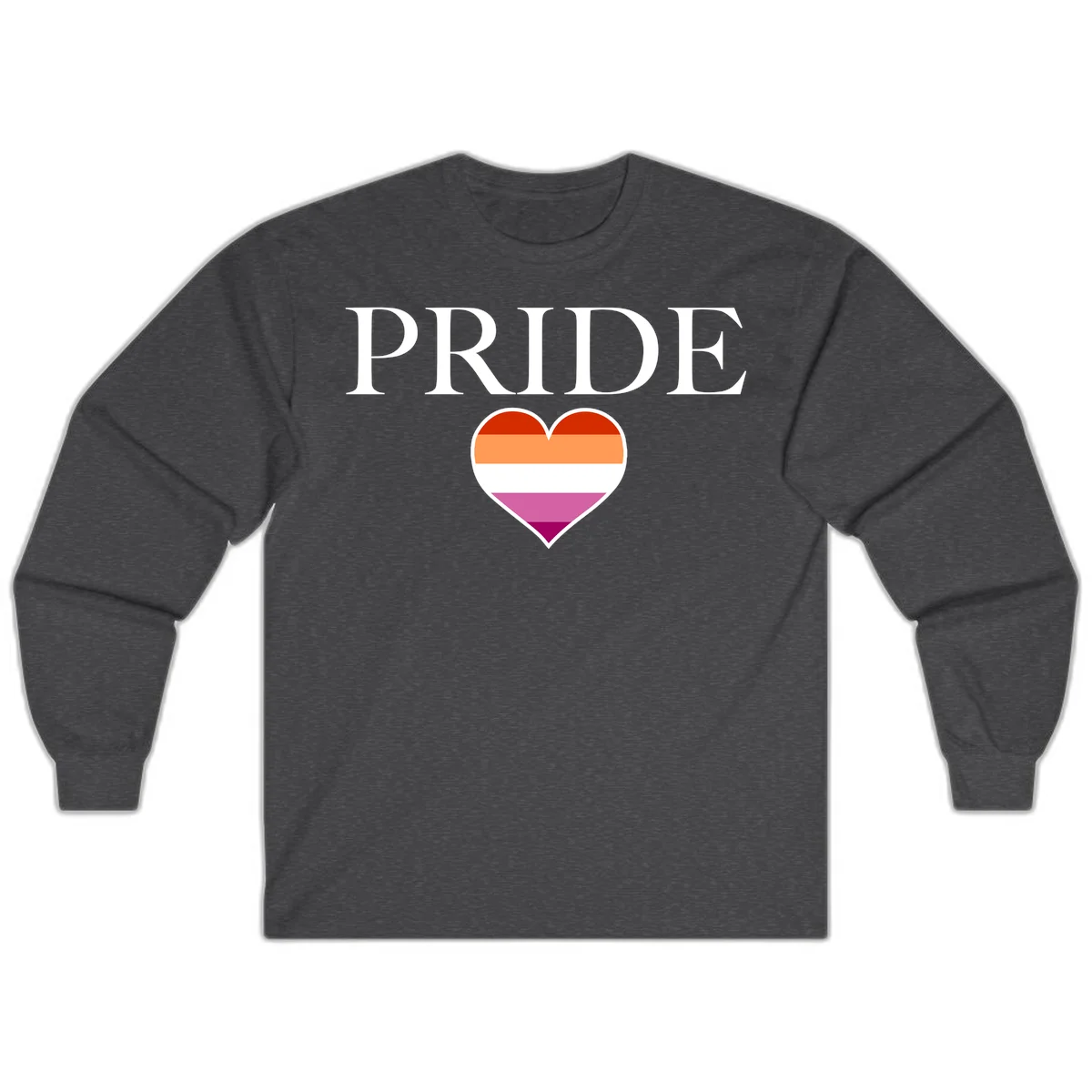 Pride flag heart design with red, orange, white, pink and magenta horizontal stripes and PRIDE text above in Dark Heather