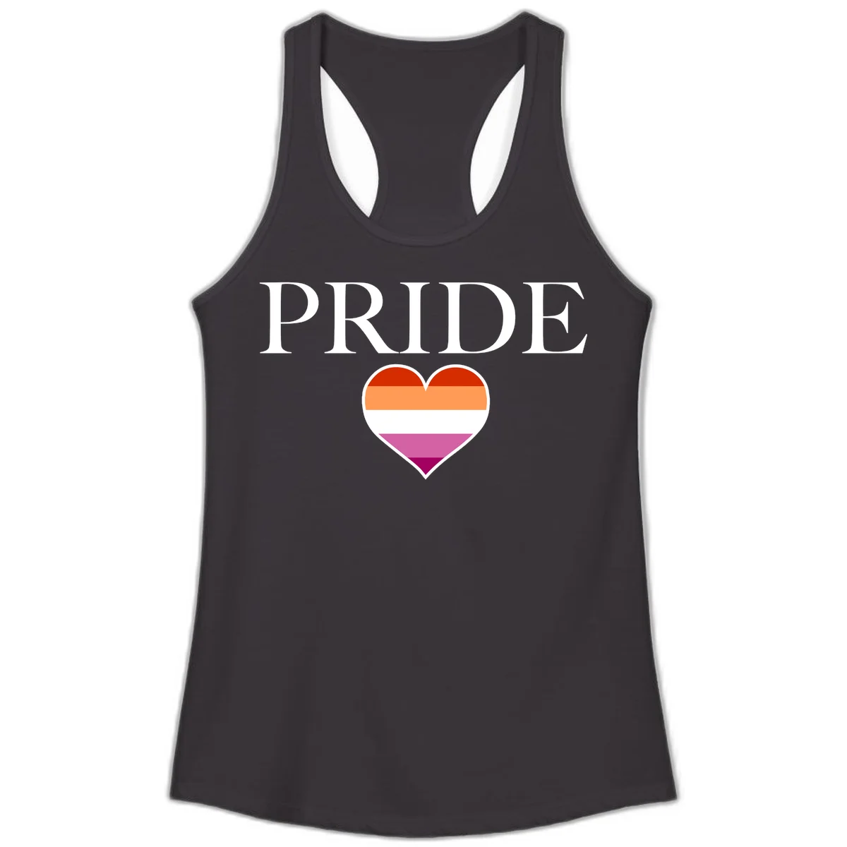 Pride flag heart design with red, orange, white, pink and magenta horizontal stripes and PRIDE text above in Black