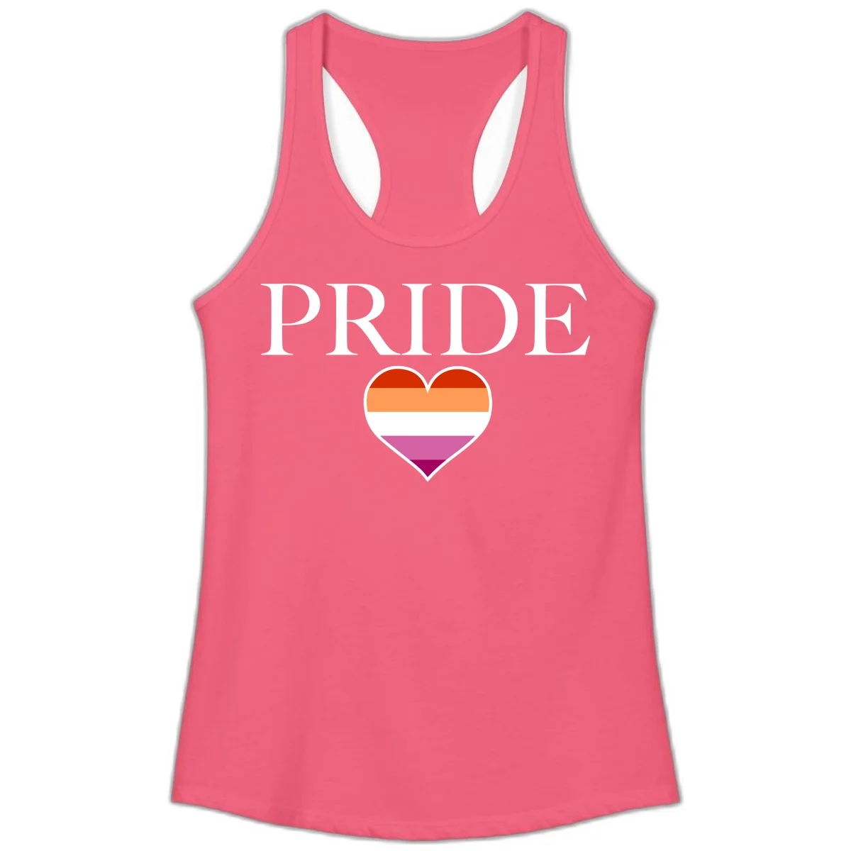 Pride flag heart design with red, orange, white, pink and magenta horizontal stripes and PRIDE text above in Hot Pink