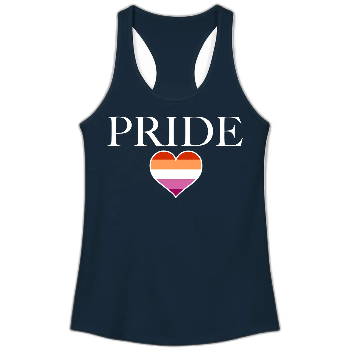 Pride flag heart design with red, orange, white, pink and magenta horizontal stripes and PRIDE text above in Solid Midnight Navy
