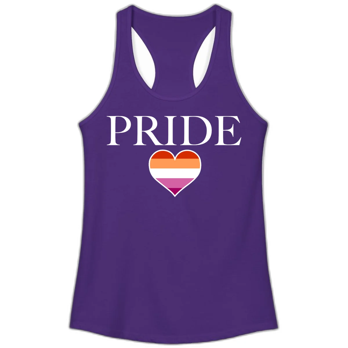 Pride flag heart design with red, orange, white, pink and magenta horizontal stripes and PRIDE text above in Solid Purple Rush