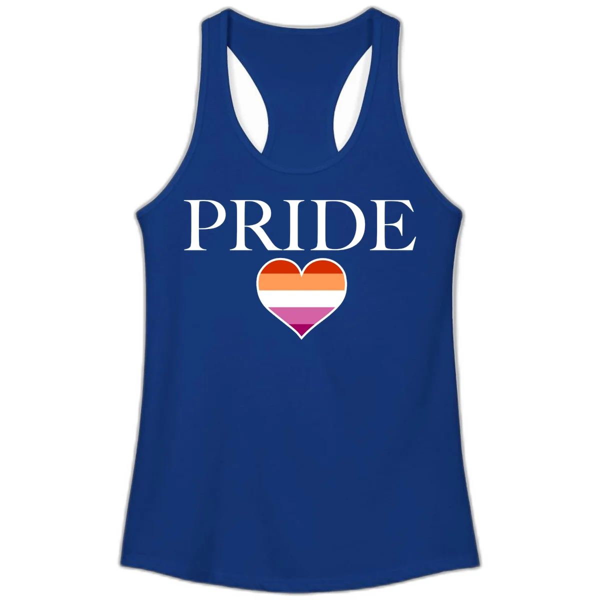 Pride flag heart design with red, orange, white, pink and magenta horizontal stripes and PRIDE text above in Solid Royal