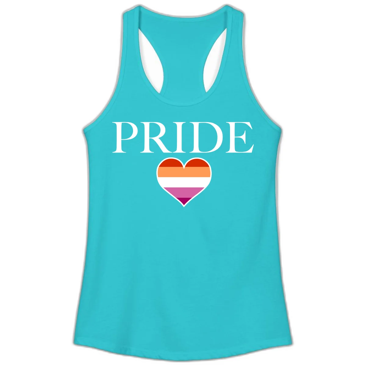 Pride flag heart design with red, orange, white, pink and magenta horizontal stripes and PRIDE text above in Solid Tahiti Blue
