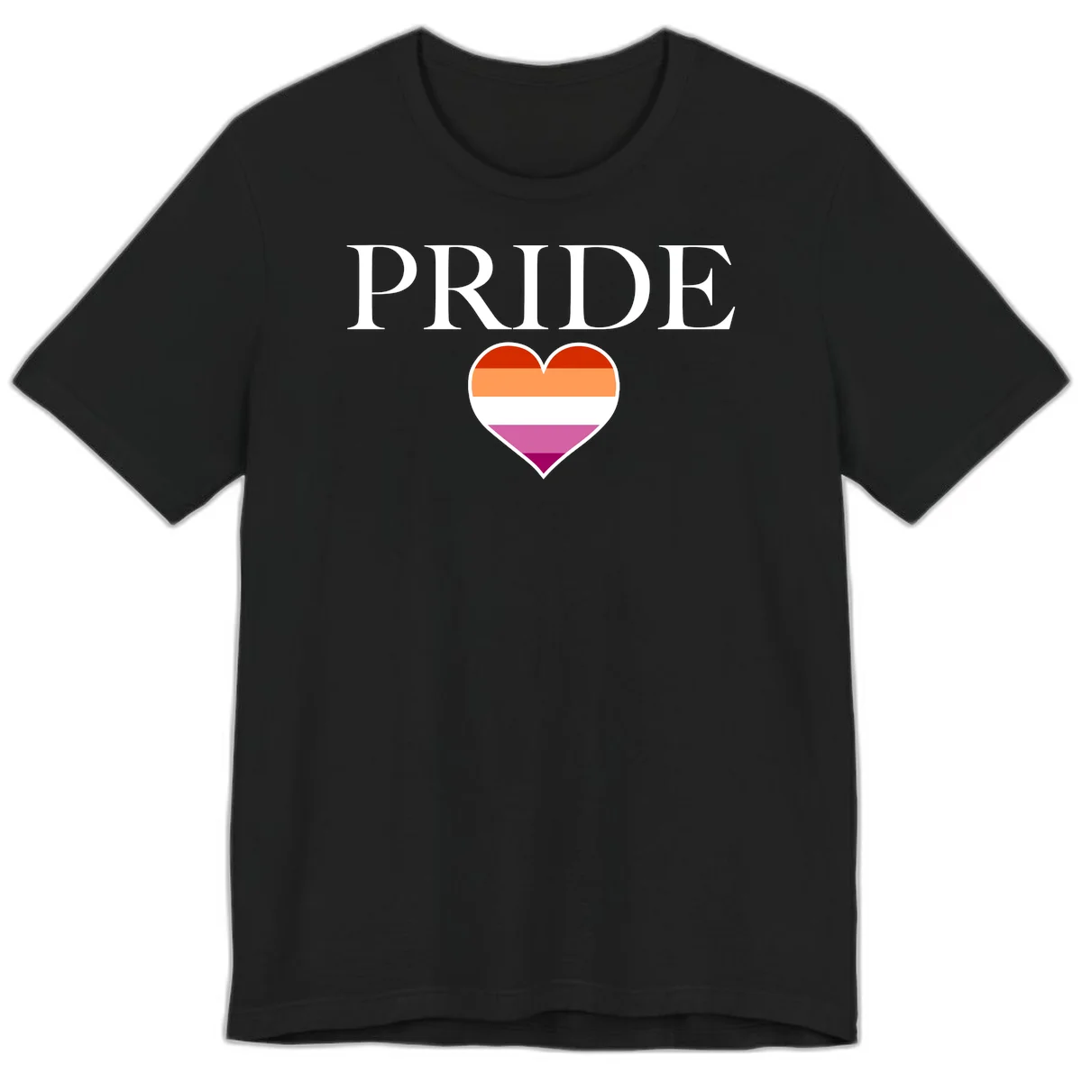 Pride flag heart design with red, orange, white, pink and magenta horizontal stripes and PRIDE text above in Black