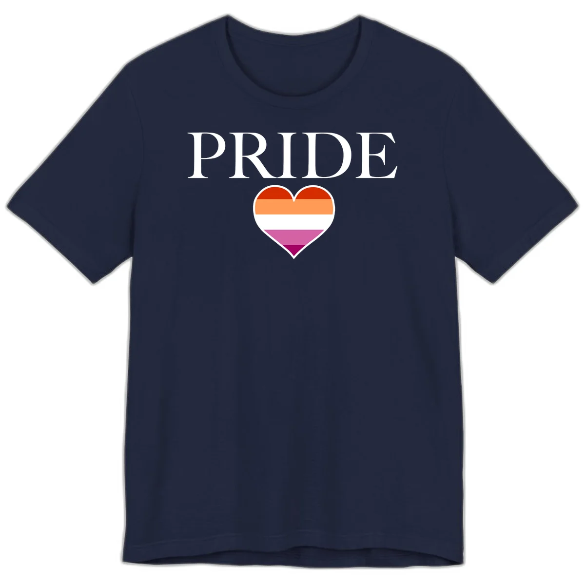 Pride flag heart design with red, orange, white, pink and magenta horizontal stripes and PRIDE text above in Navy