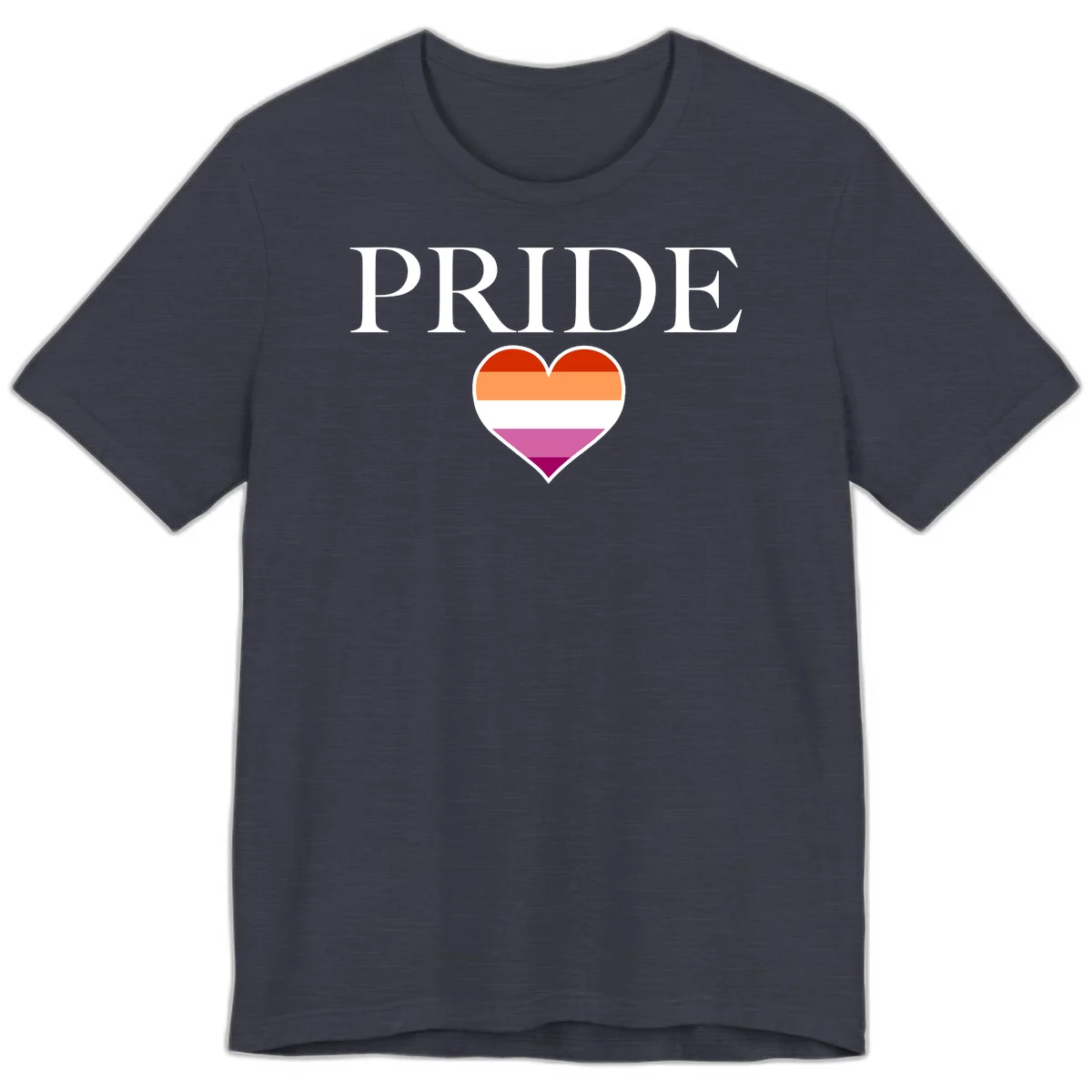 Pride flag heart design with red, orange, white, pink and magenta horizontal stripes and PRIDE text above in Heather Midnight Navy