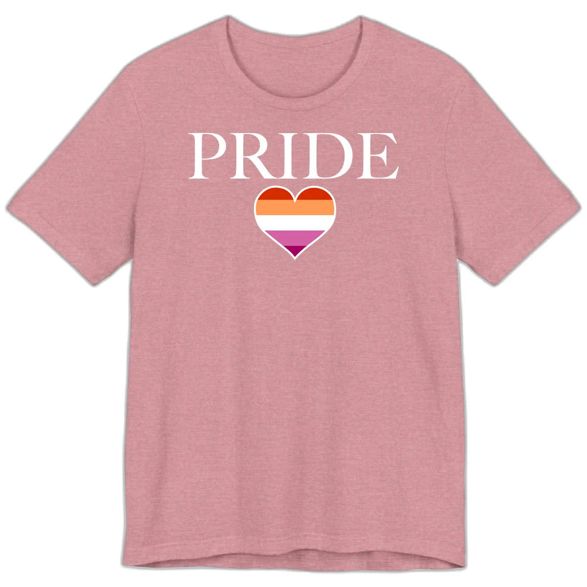 Pride flag heart design with red, orange, white, pink and magenta horizontal stripes and PRIDE text above in Heather Orchid