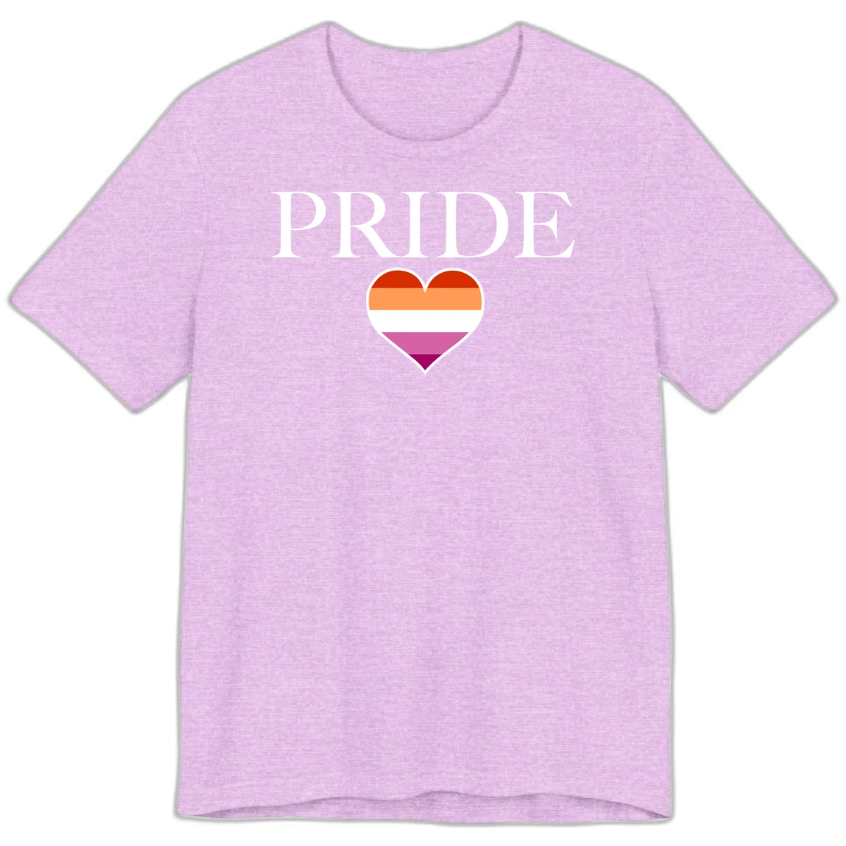 Pride flag heart design with red, orange, white, pink and magenta horizontal stripes and PRIDE text above in Heather Prism Lilac