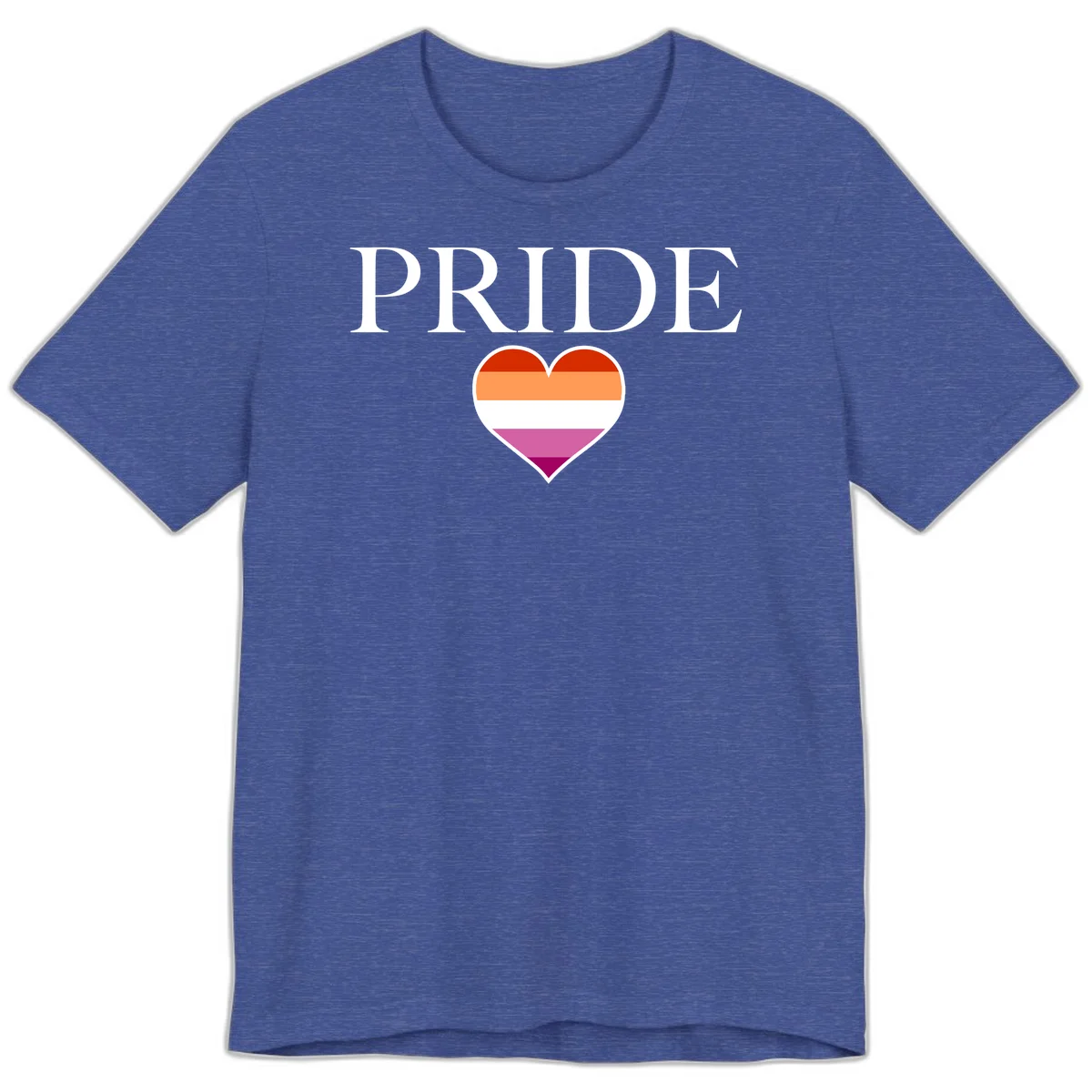 Pride flag heart design with red, orange, white, pink and magenta horizontal stripes and PRIDE text above in Heather True Royal