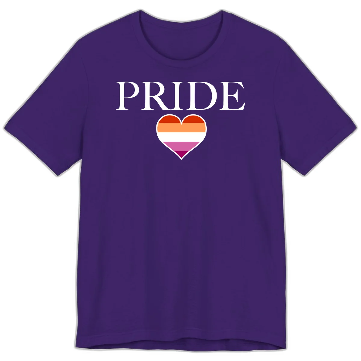 Pride flag heart design with red, orange, white, pink and magenta horizontal stripes and PRIDE text above in Team Purple