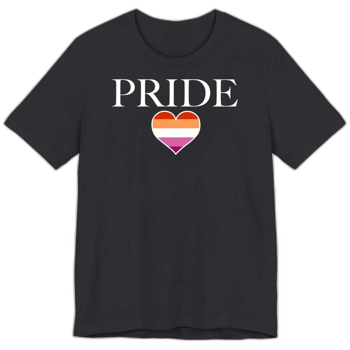 Pride flag heart design with red, orange, white, pink and magenta horizontal stripes and PRIDE text above in Vintage Black