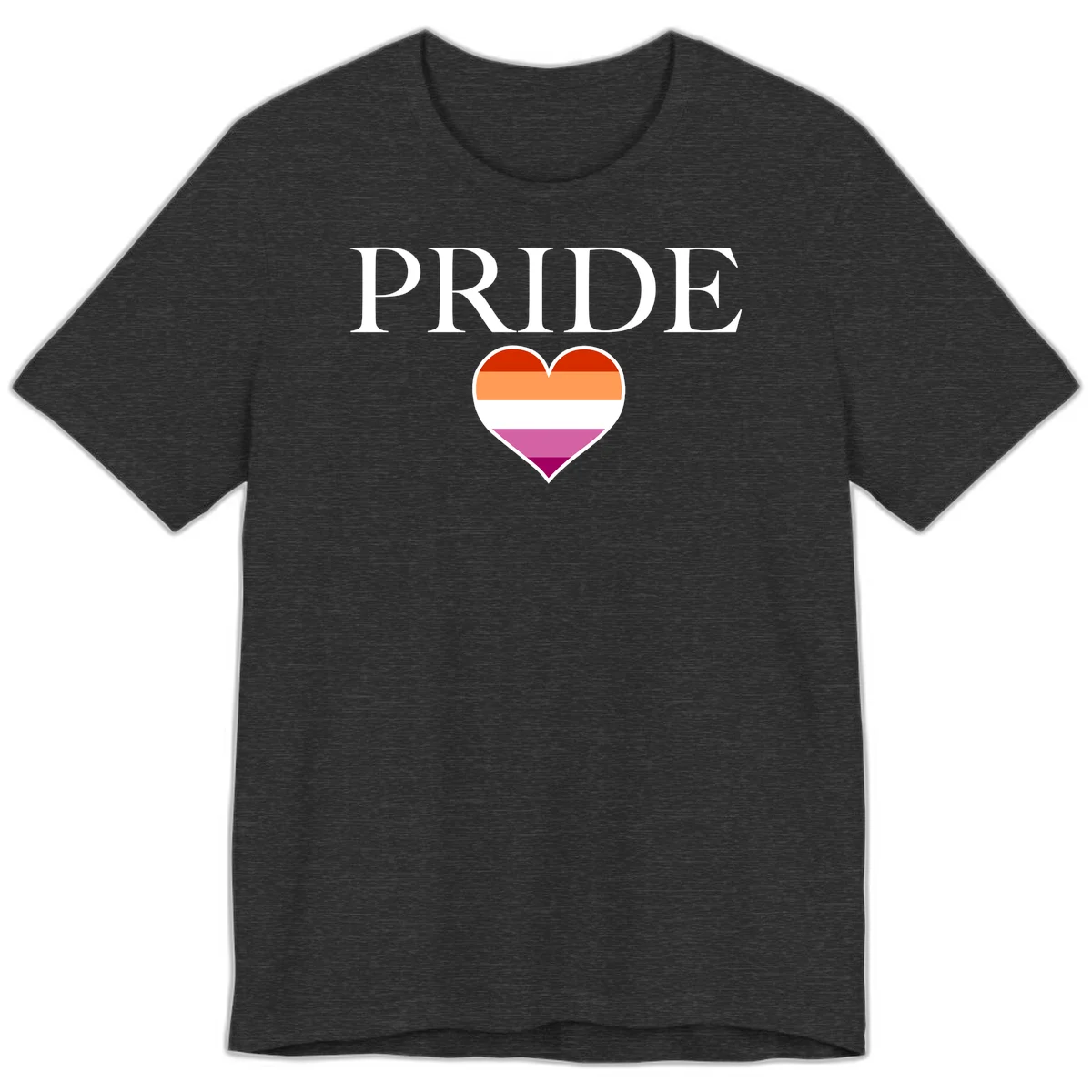 Pride flag heart design with red, orange, white, pink and magenta horizontal stripes and PRIDE text above in Dark Grey Heather