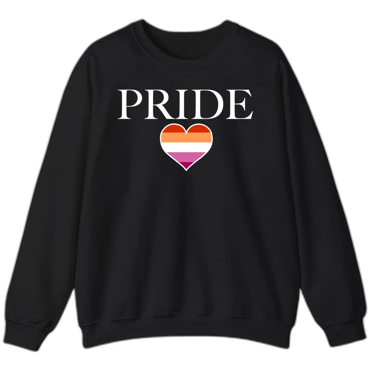 Pride flag heart design with red, orange, white, pink and magenta horizontal stripes and PRIDE text above in Black