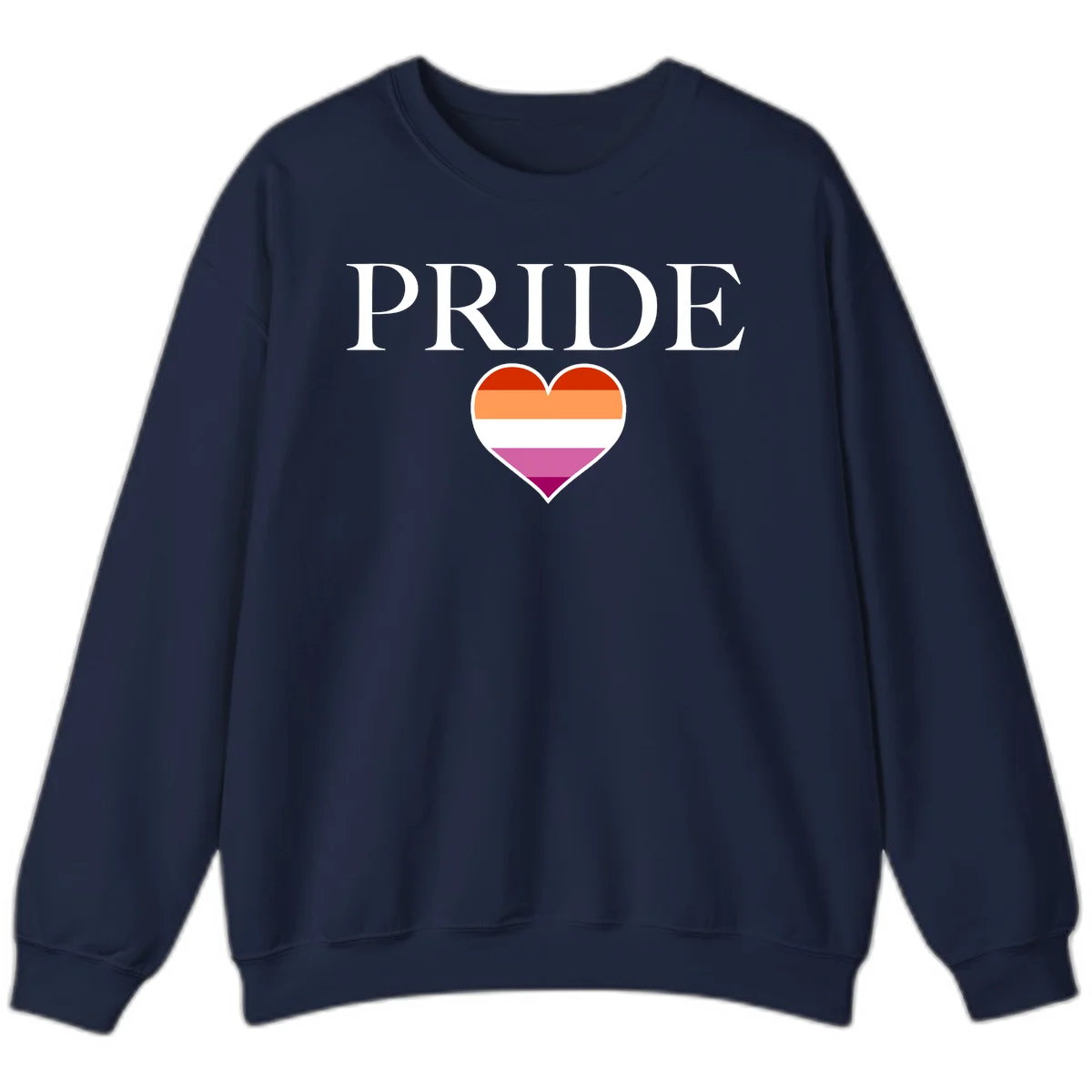 Pride flag heart design with red, orange, white, pink and magenta horizontal stripes and PRIDE text above in Navy