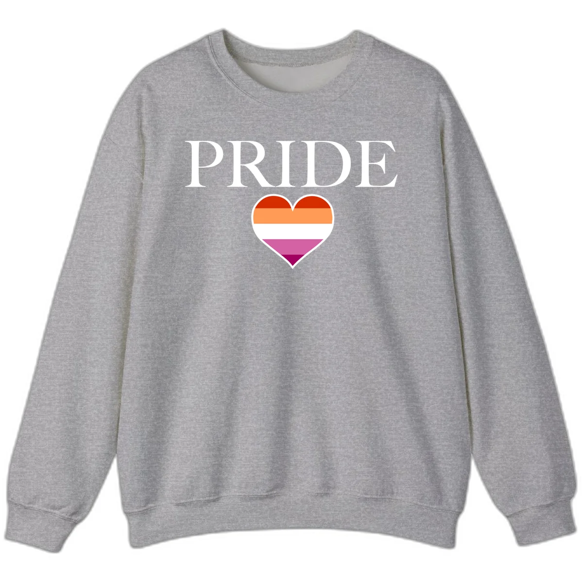 Pride flag heart design with red, orange, white, pink and magenta horizontal stripes and PRIDE text above in Sport Grey