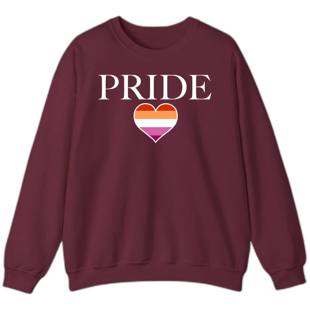 Pride flag heart design with red, orange, white, pink and magenta horizontal stripes and PRIDE text above in Maroon