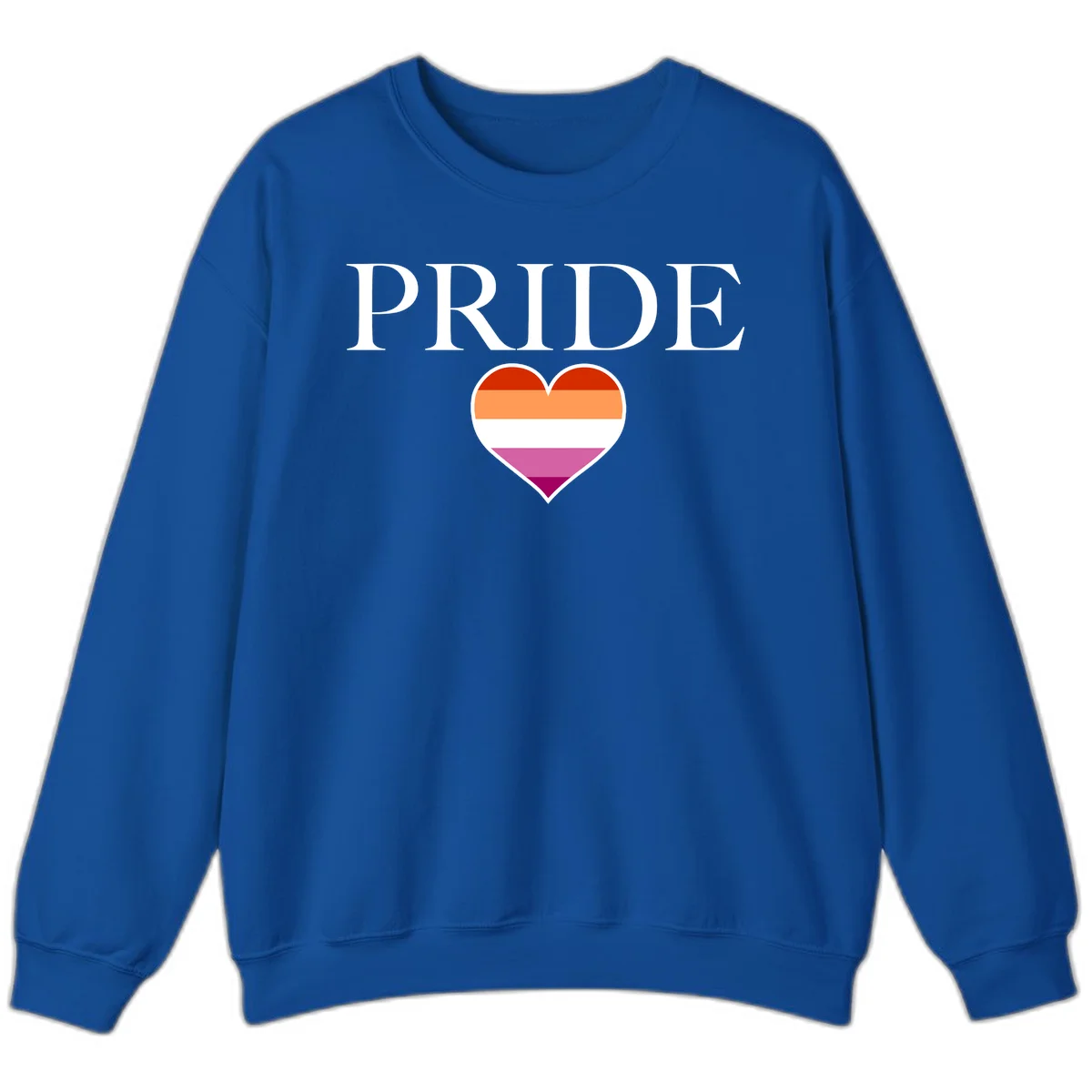 Pride flag heart design with red, orange, white, pink and magenta horizontal stripes and PRIDE text above in Royal