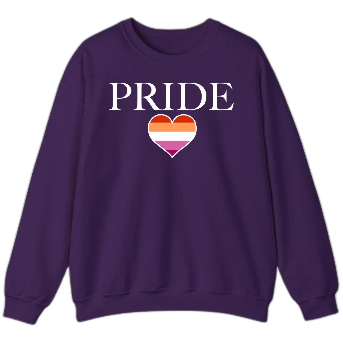 Pride flag heart design with red, orange, white, pink and magenta horizontal stripes and PRIDE text above in Purple