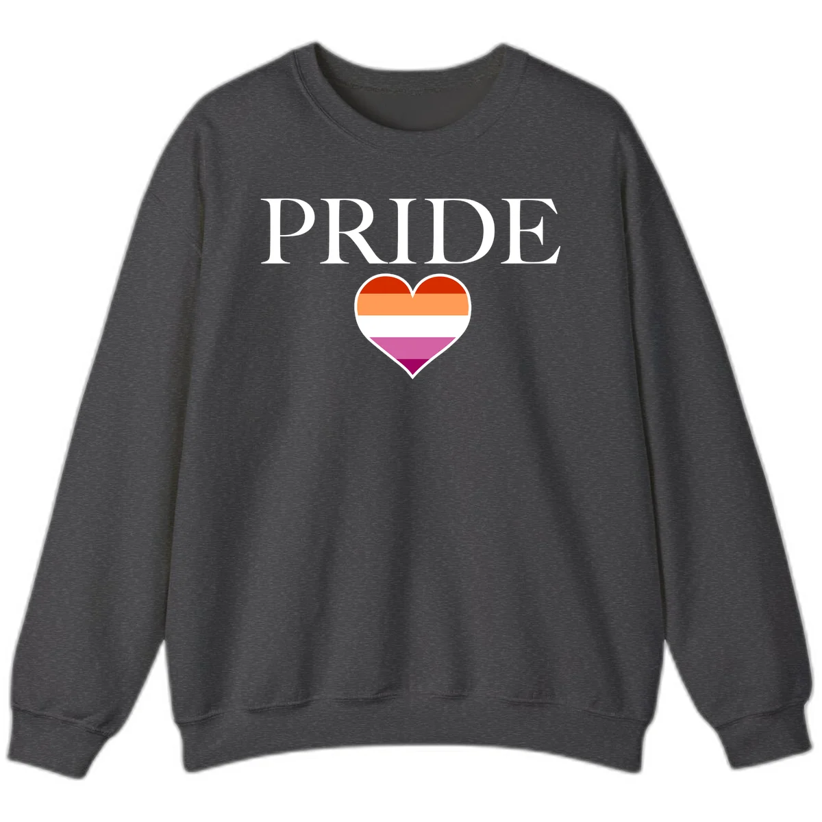 Pride flag heart design with red, orange, white, pink and magenta horizontal stripes and PRIDE text above in Dark Heather