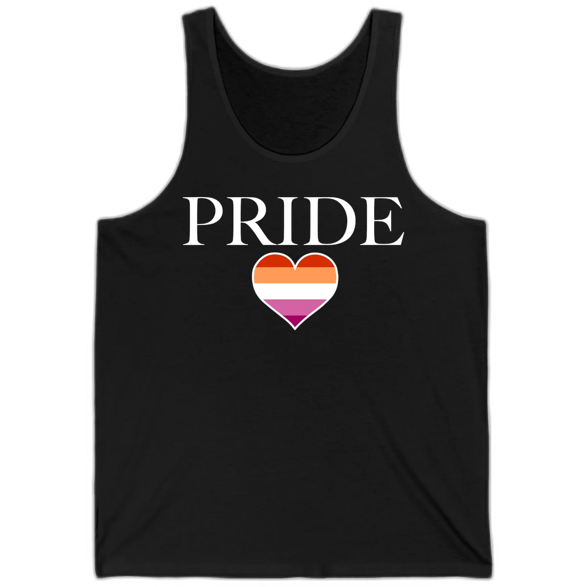 Pride flag heart design with red, orange, white, pink and magenta horizontal stripes and PRIDE text above in Black