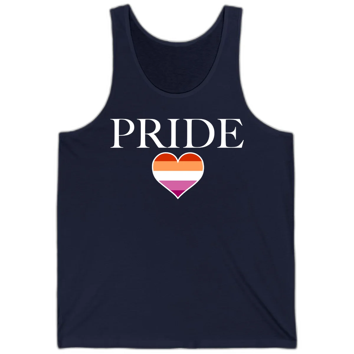 Pride flag heart design with red, orange, white, pink and magenta horizontal stripes and PRIDE text above in Navy
