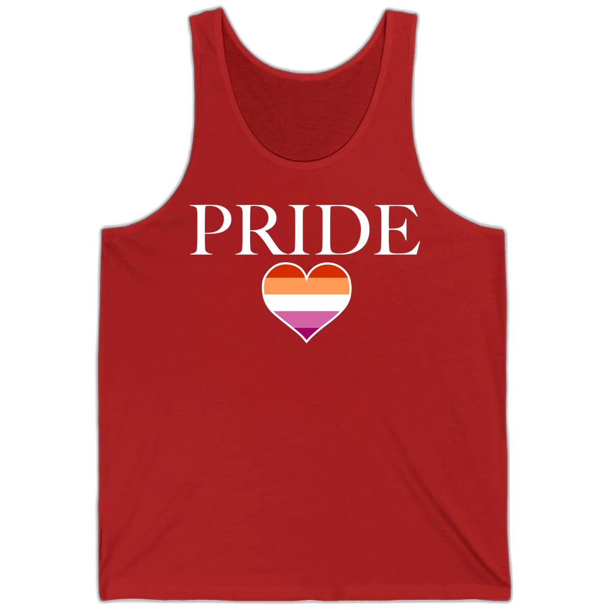 Pride flag heart design with red, orange, white, pink and magenta horizontal stripes and PRIDE text above in Red