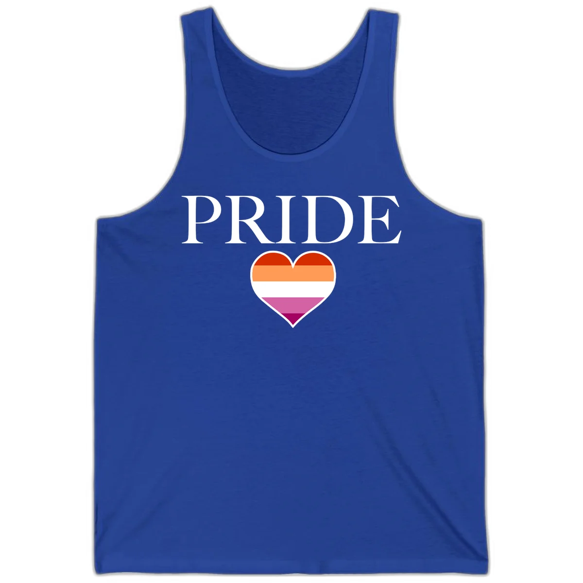 Pride flag heart design with red, orange, white, pink and magenta horizontal stripes and PRIDE text above in True Royal