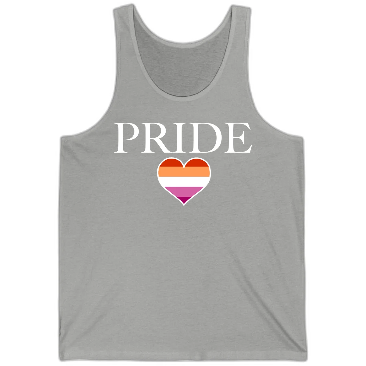 Pride flag heart design with red, orange, white, pink and magenta horizontal stripes and PRIDE text above in Athletic Heather