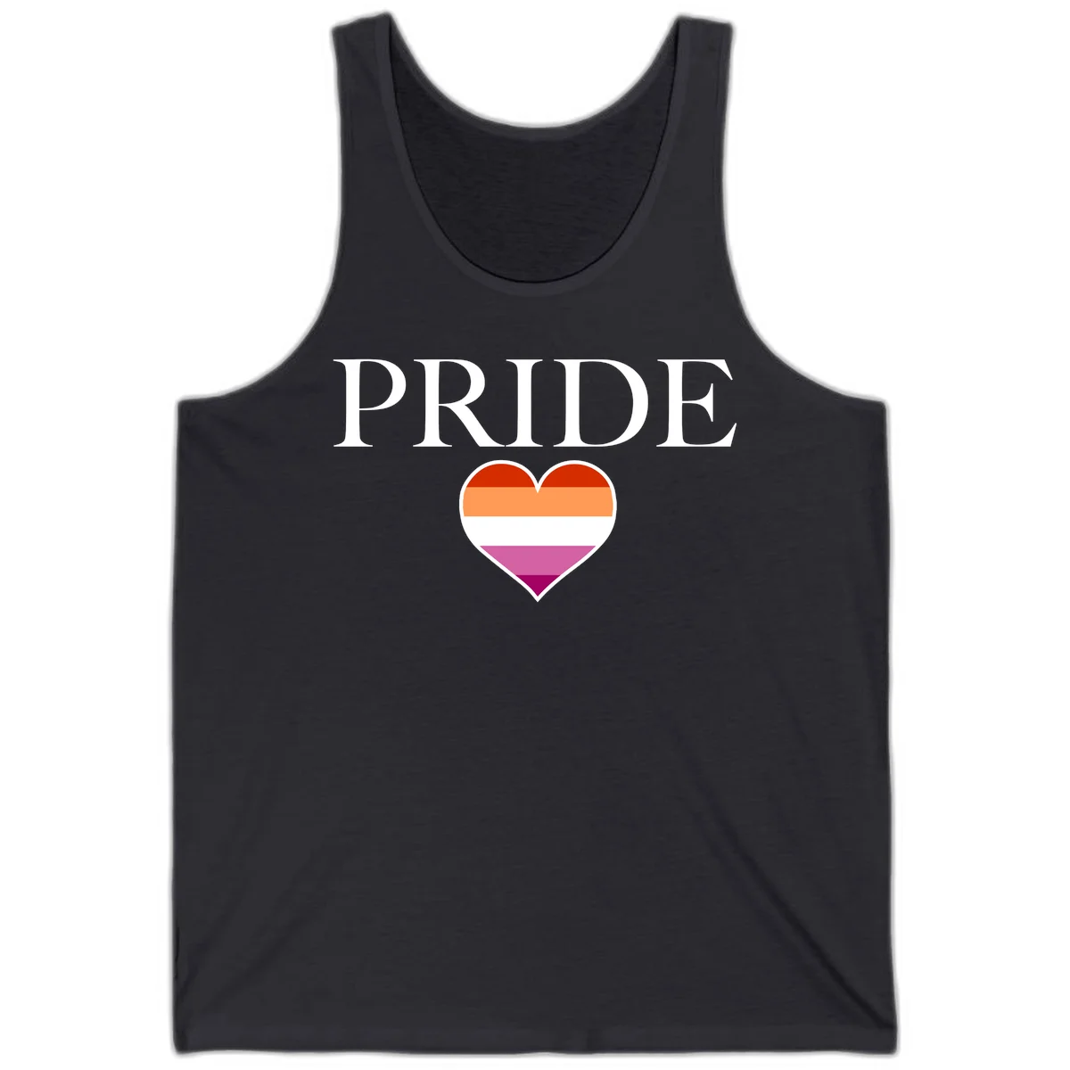 Pride flag heart design with red, orange, white, pink and magenta horizontal stripes and PRIDE text above in Dark Grey