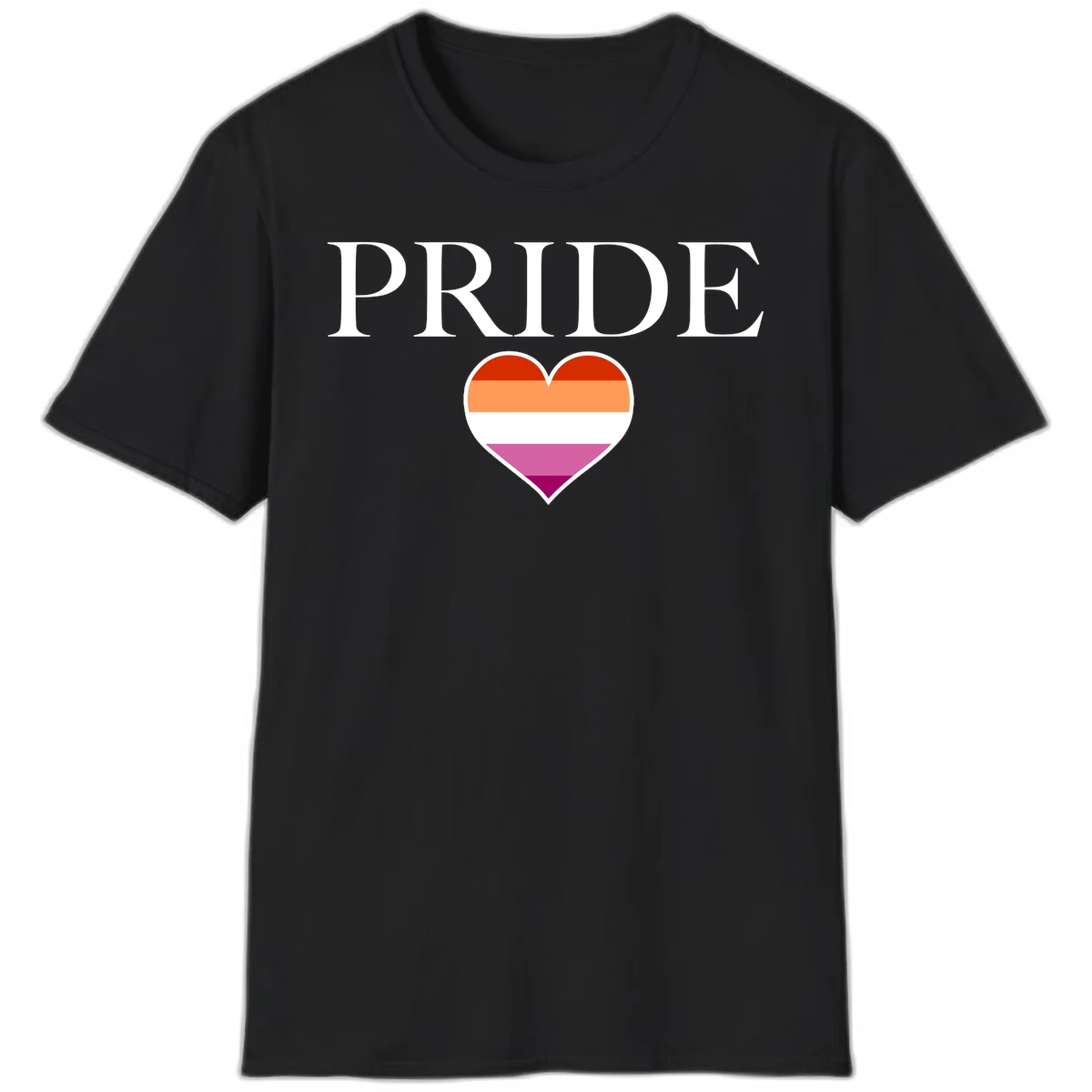 Pride flag heart design with red, orange, white, pink and magenta horizontal stripes and PRIDE text above in Black
