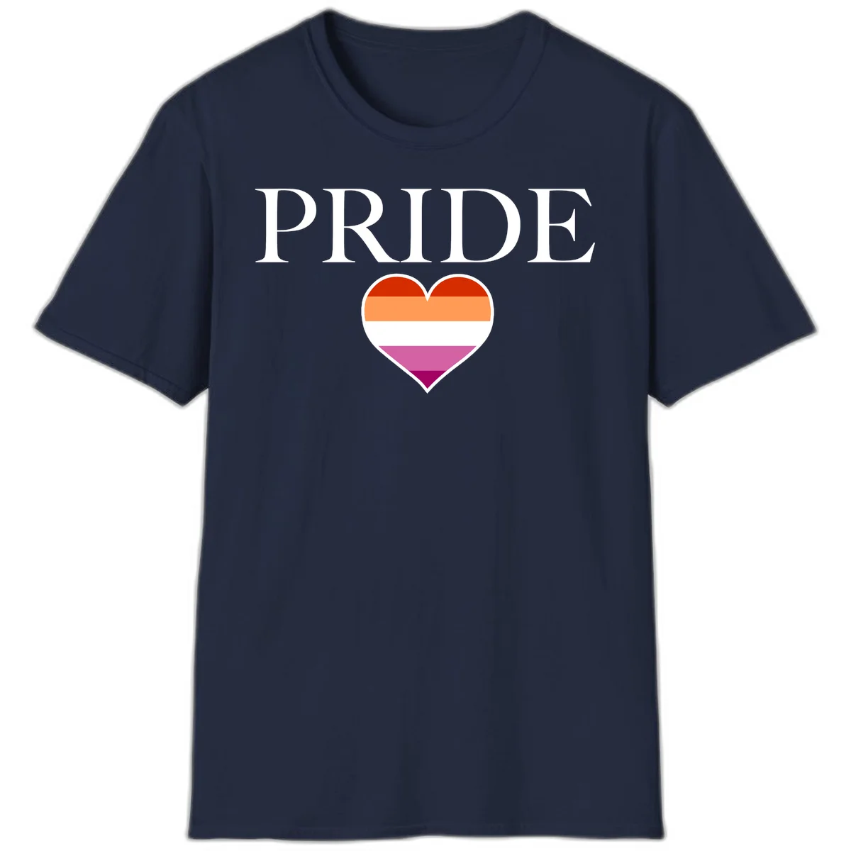Pride flag heart design with red, orange, white, pink and magenta horizontal stripes and PRIDE text above in Navy