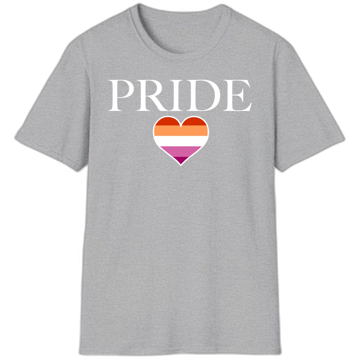 Pride flag heart design with red, orange, white, pink and magenta horizontal stripes and PRIDE text above in Sport Grey
