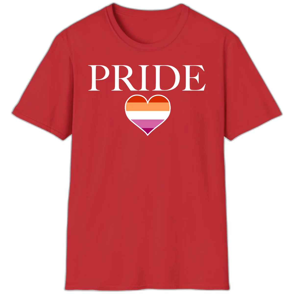 Pride flag heart design with red, orange, white, pink and magenta horizontal stripes and PRIDE text above in Red