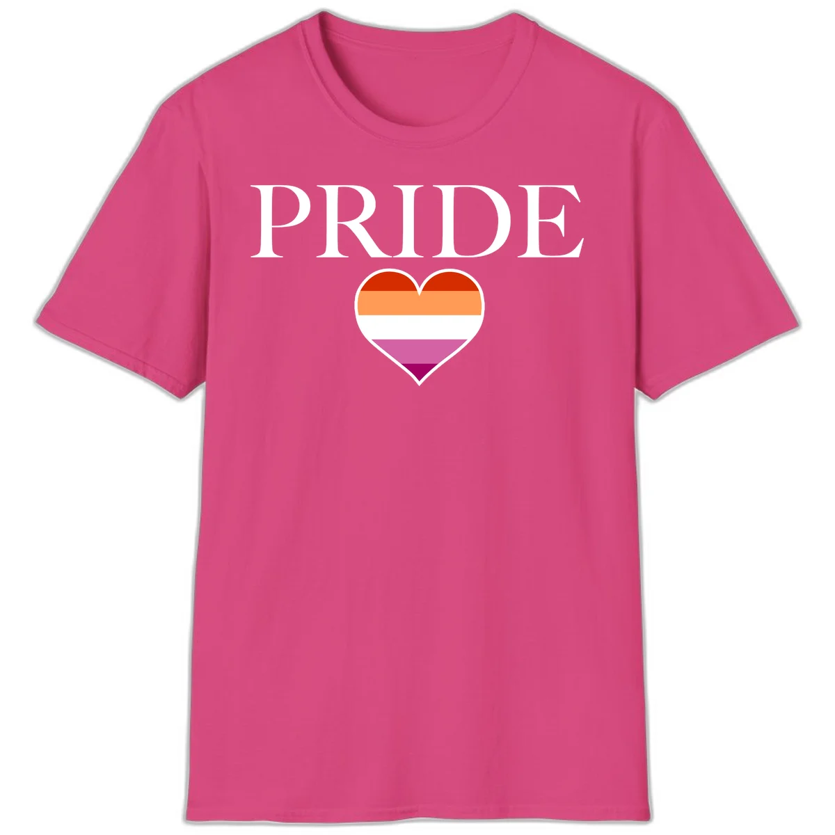 Pride flag heart design with red, orange, white, pink and magenta horizontal stripes and PRIDE text above in Heliconia